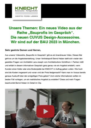 Unsere Themen: Ein neues Video aus der Reihe „Bauprofis im Gespräch“. Die neuen CUVUS Design-Accessoires. Wir sind auf der BAU 2023 in München.